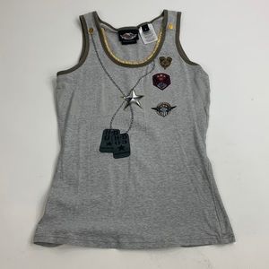 Harley Davidson Tank top Size Small Gray Dog Tags design Ruffle collar
